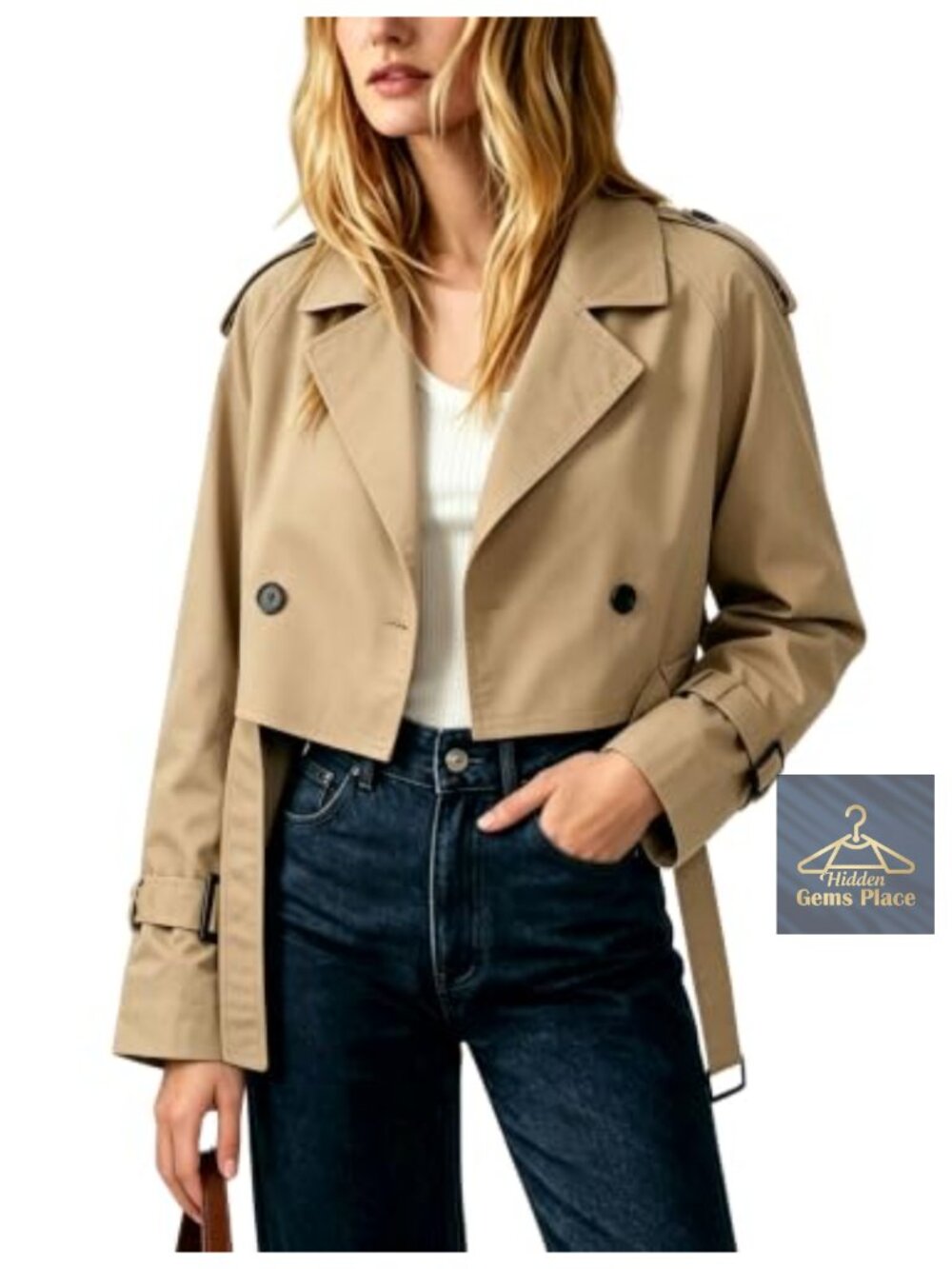 Women's Cropped Trench Coat Double Breasted Short Jacket Lapel Collar Belted